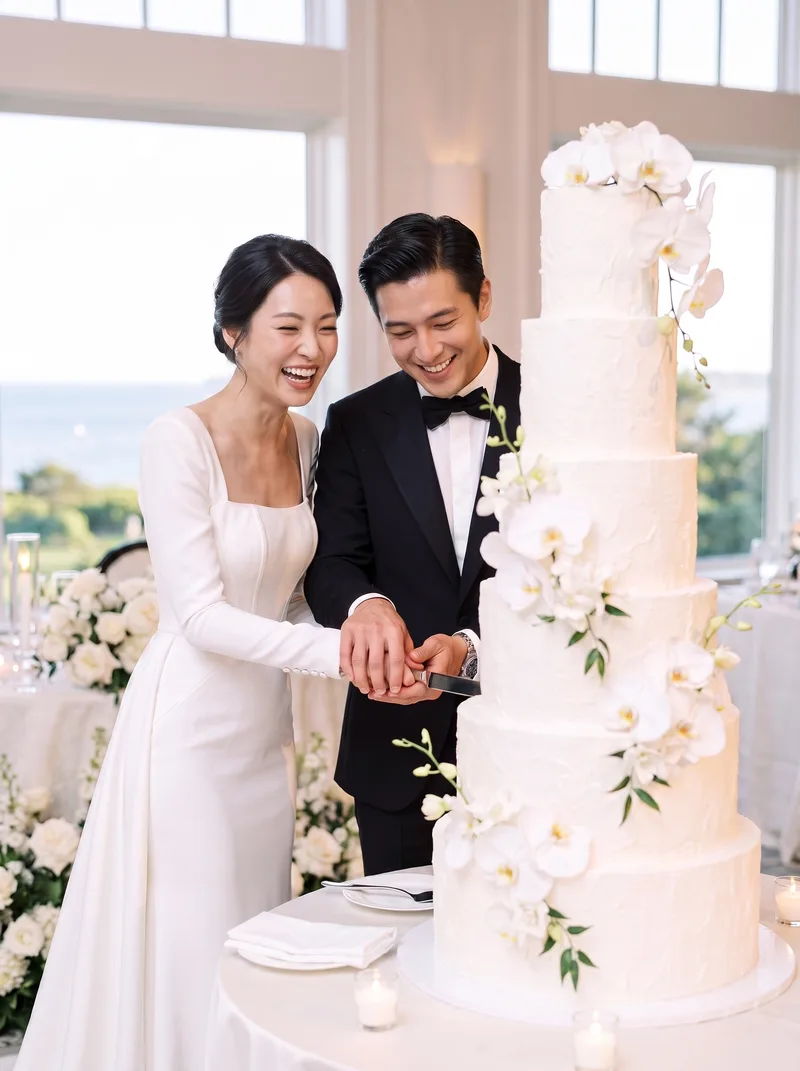 AI-generated couple photo example: Cutting the Cake — A playful moment over a towering white cake
