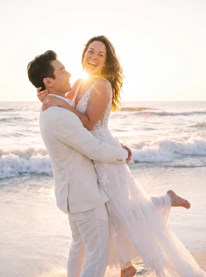 AI-generated couple photo example: Shoreline Spin — Lifted and spinning at the water's edge