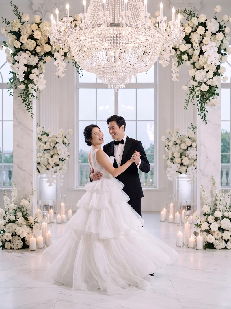 AI-generated couple photo example: First Dance — Mid-twirl in a candlelit white ballroom
