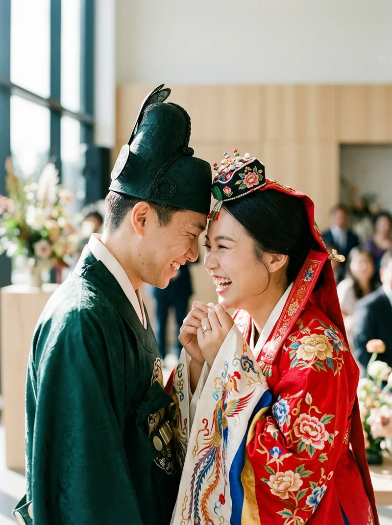 AI-generated couple photo example: Korean Traditional Wedding — Hwalot & samogwandae in a hanok courtyard