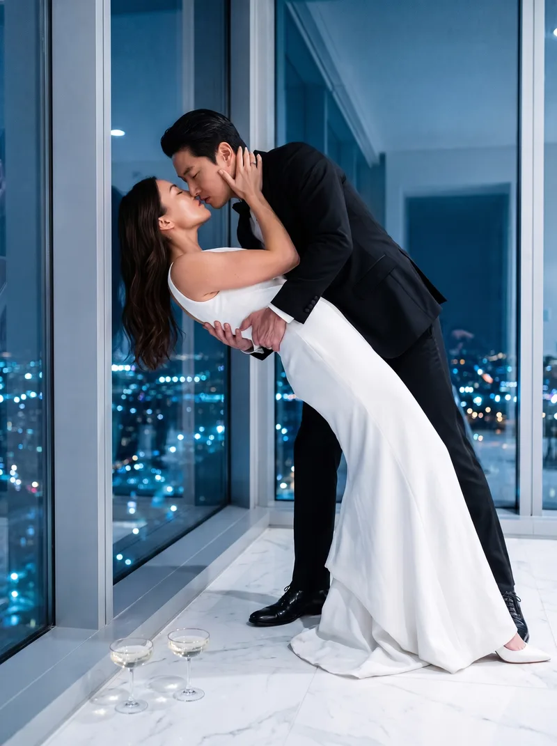 AI-generated couple photo example: Penthouse Nights — City lights behind floor-to-ceiling glass