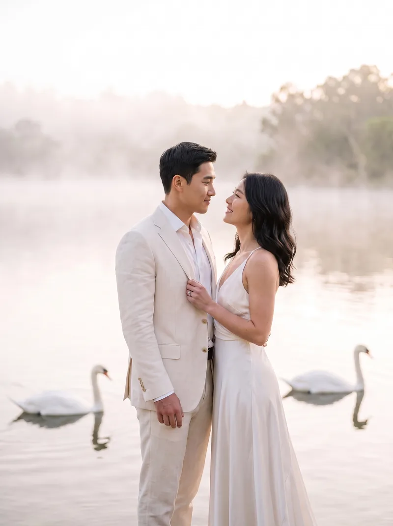 AI-generated couple photo example: Swan Lake Shore — White swans gliding past on a misty lake